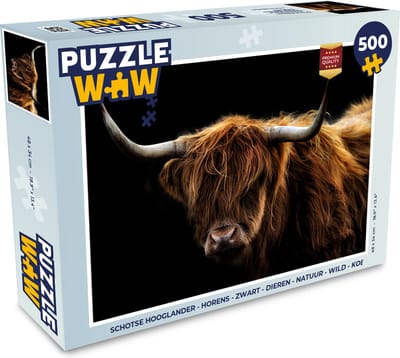 Puzzel Schotse Hooglander - Horens - Zwart - Dieren - Natuur - Wild - Koe - Legpuzzel - Puzzel 500 stukjes