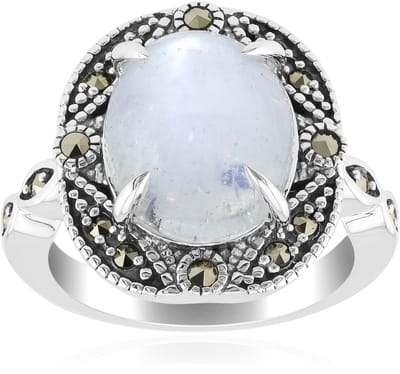 Cavill - Zilveren Ring - 925 Sterling Zilver - Regenboog Maansteen 3 86 ct Ovaal Cabochon - Marcasiet Pavé 0 24 ct - Elegante Vintage Stijl Ring