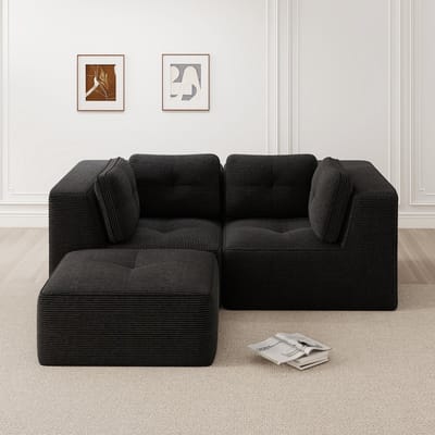 Modulaire en configureerbare hoekbank - tweezits frameloze L-vormige bank - met verplaatsbare voetenbank - corduroy - zwart