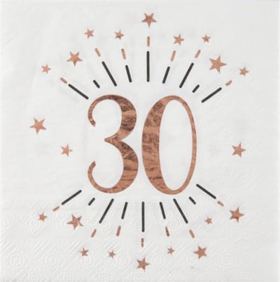 Santex Verjaardag feest servetten leeftijd - 10x - 30 jaar - rose goud - 33 x 33 cm