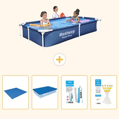 Bestway Rechthoekig Steel Pro Zwembad - 221 x 150 x 43 cm - Blauw - Inclusief Grondzeil - Afdekzeil - Reparatiesetje - Testrips - 5-delig