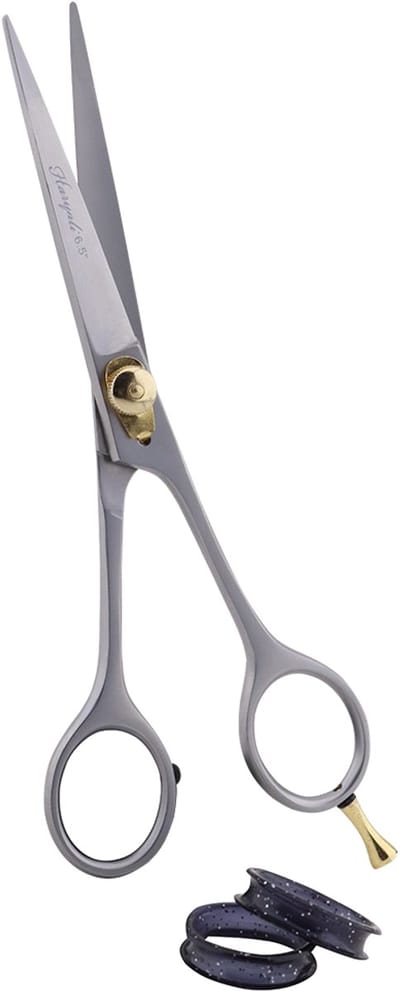 Haryali London, 6,5 inch haarschaar – Professionele haarschaar met verstelbare gouden knop, roestvrijstalen haarschaar met rubberen inzetstukken, glanzend zilveren haarschaar voor baard- en snorverzorging
