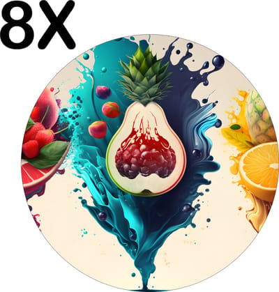 Luxe Ronde Placemat - Fruit Splashes Art - Set van 8 Placemats - 50x50 cm - 2 mm dik Vinyl - Anti Slip - Afneembaar
