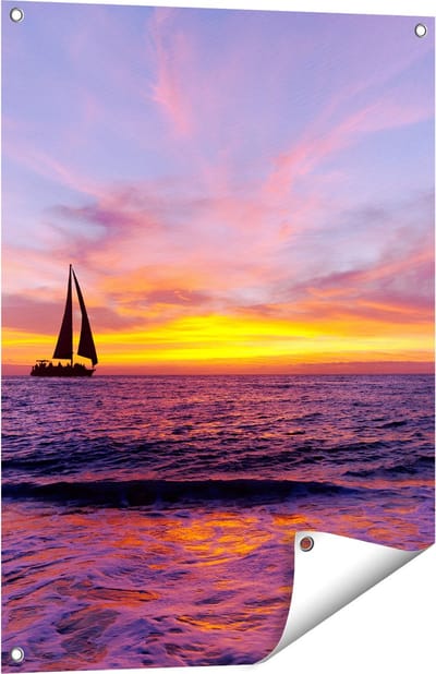 Gards Tuinposter Zeilboot Silhouet bij Zonsondergang - 60x80 cm - Tuindoek - Tuindecoratie - Wanddecoratie buiten - Tuinschilderij
