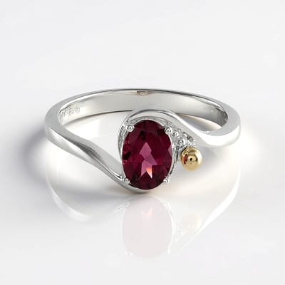 Cavill - Zilveren ring 925 Sterling - 0,878 ct Rhodoliet ovaal 7x5 mm - 14K goud accenten - Elegante granulatiering dames