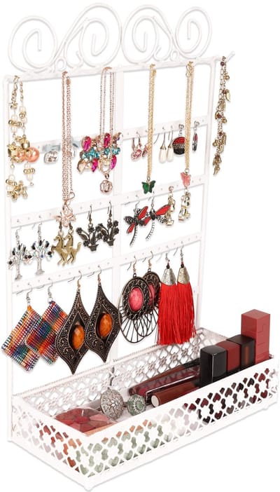 Cosensi - Wit Metalen Oorbellen Organizer - Sieraden Display met Opslag - 5 Laags met 80 Gaten - Muur en Tafelhouder voor Oorbellen en Kettingen
