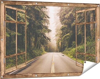 Gards Tuinposter Doorkijk Highway in Californi� Omring met Bos - 120x80 cm - Tuindoek - Tuindecoratie - Wanddecoratie buiten - Tuinschilderij