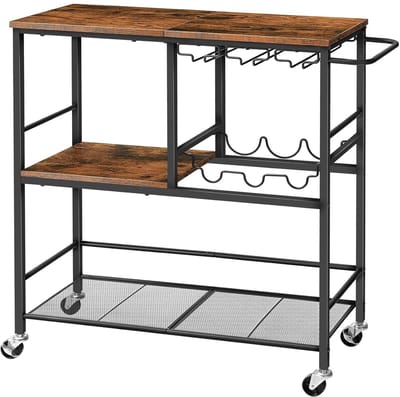 TRANKIELO® - Multifunctionele Serveerwagen met Wijnrek – Vintage Bruin en Zwart – Stijlvol en Praktisch – Voor Keuken, Woonkamer en Feesten