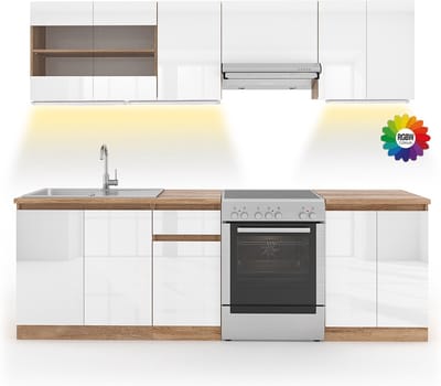 Vicco Keukenblok R-Line, Wit Hoogglans/Wit, 240 cm, WB Sonoma met LED-strip
