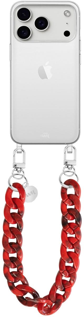 xoxo Wildhearts siliconen hoesje - Geschikt voor iPhone 17 Pro Max - Red Roses - Kort Koord - Telefoonhoesje - Hoesje met koord - telefoonkoord - Transparant hoesje - Kort rood koord