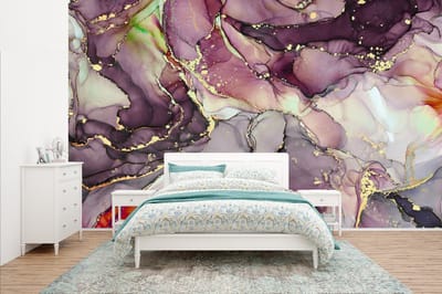 Behang - Fotobehang Marmer - Rood - Paars - Goud - Breedte 435 cm x hoogte 260 cm