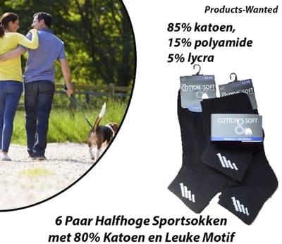 6 Paar Halfhoge Sportsokken met 80% Katoen en Leuke Motif 43-46 Zwart