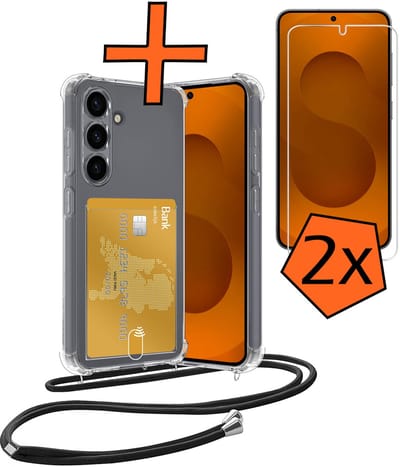 Hoesje Geschikt voor Samsung S25 FE Hoesje Met Telefoonketting Pasjeshouder Shockproof Case Met 2x Screenprotector Koord - Hoesje Geschikt voor Samsung Galaxy S25 FE Hoes Met Kaarthouder - Transparant