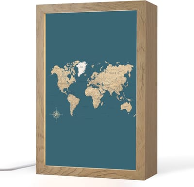 Tafellamp 20x30 cm - LED lamp - Wereldkaart - Donkerblauw - Beige - Decoratieve tafellampen - Dimbaar - Tafellampje slaapkamer - Woonkamer binnen