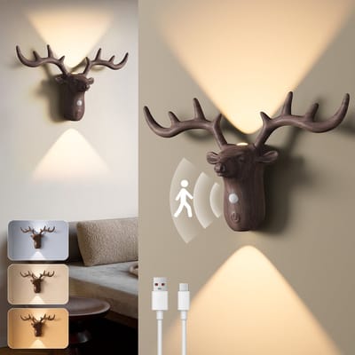 Rosnek Houtlook Hert Wandlamp Binnen 4 Stuks - Draadloze LED Nachtlamp met Bewegingssensor - Up & Down Verlichting - Oplaadbaar & Traploos Dimbaar - Slaapkamer / Trap (Kleur: Walnoot)