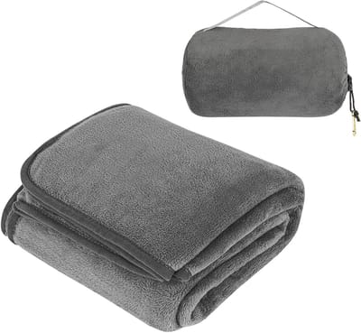 Ultra lichte en warme reiskleed 50x60 inch, 2-in-1 dekentje voor vliegtuig, auto en kamperen, grijs en opvouwbaar