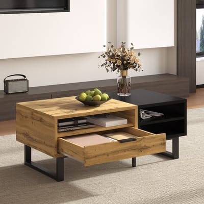 Sweiko Salontafel, woonkamertafel, zwart + naturel houten structuur met vakken en laden, metalen poten