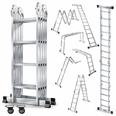 OUTIGO Multifunctionele ladder - 4,6 meter - 7 in 1 - opvouwbaar - aluminium - met 2 wielen - geschikt voor huishoudelijk gebruik - 16treden