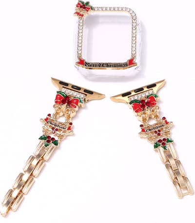 Stravo Kerst metalen bandje voor Apple Watch-bandje 44mm 45mm - Klok - Inclusief 1 Bling Cute Case, Damessieraden Strass Roestvrijstalen Merry Christmas-stijl polsbandje met Bling PC-beschermhoes voor Apple Watch Series 4/5/6/7/8/9, SE 1/2/3