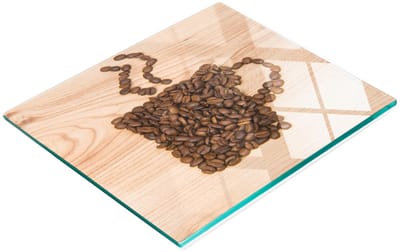 Decoratieve glazen keukensnijplank/koffiemok 60x52 cm
