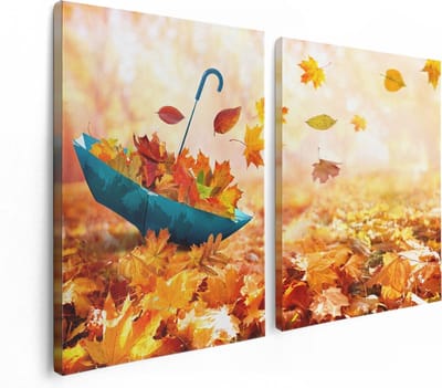 Artaza Canvas Schilderij Tweeluik Blauwe Paraplu in de Herfstbos met Bladeren - 120x80 - Foto Op Canvas - Canvas Print