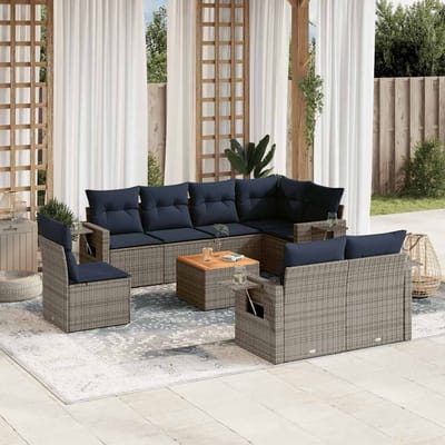 vidaXL - 9-delige - tuinbankset - met - kussens, - grijs - polyrotan