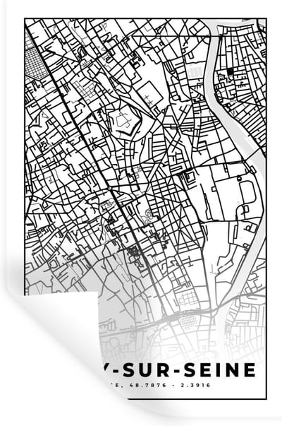 Muurstickers - Sticker Folie - Stadskaart - Plattegrond - Kaart - Vitry-sur-Seine - Frankrijk - Zwart wit - 20x30 cm - Plakfolie - Muurstickers Kinderkamer - Zelfklevend Behang - Zelfklevend behangpapier - Stickerfolie
