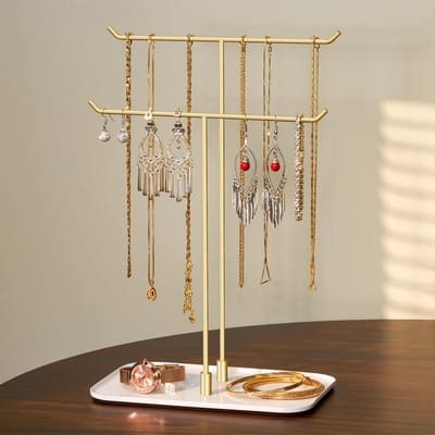 Dailygoods- Sieradenstandaard met dubbele staafjes - Sieradenhouder - Sieradenopslag voor halskettingen/armbanden - Oorbellen/ringen - Elegant design - Voorkomt klitten