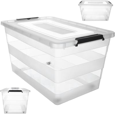 KADAX Opbergdoos met deksel, speelgoedkist, robuuste plastic container van kunststof, opbergbox met kliksluiting, opbergdoos (transparant, 55 l)