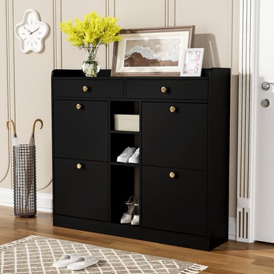 Edele zwarte schoenenkast met 4 scharnierdeuren, 2 lades, 3 open vakken - perfect voor moderne gangen en entrees, afmetingen 110 x 26 x 100 cm