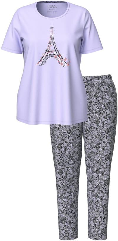 Ulla Popken - Dames - Pyjama Eiffeltoren siersteentjes ronde hals korte mouwen - Zachtlavendel - Maat 42+