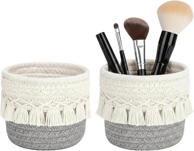 Dressing Table Organiser met 2 Stuks, Boho Stijl Opbergmand voor Cosmetica, Make-up en Borstels, Handgeweven Accessoireshouder in Grijs