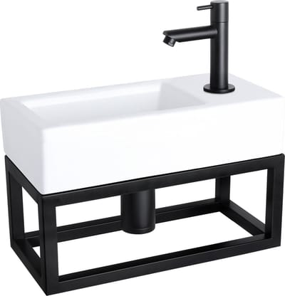 Differnz Ravo fonteinset - 38.5x18.5x25cm - Rechthoek - 1 kraangat - Recht matte zwarte kraan - met zwart frame - Keramiek Wit