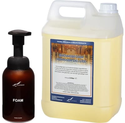 Foam Zeepdispenser 300 ml amber bruin hervulbaar + 5 liter Foam Hammam Deluxe navulling