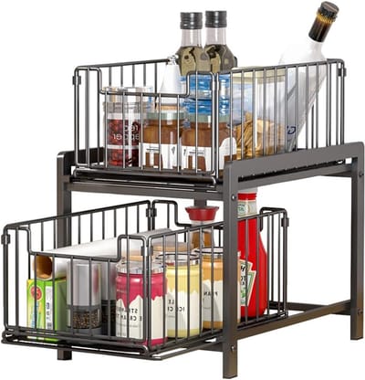 Uittrekbare kast organizer 2-laags opbergrek schuiflade zonder boren ruimtebesparend 37x26x38,5 cm zwart
