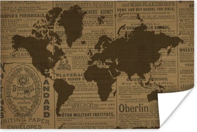 Poster 30x20 cm - Wereldkaart - Bruin - Krant - Posters - Kamer decoratie - Wanddecoratie woonkamer - Muurdecoratie slaapkamer