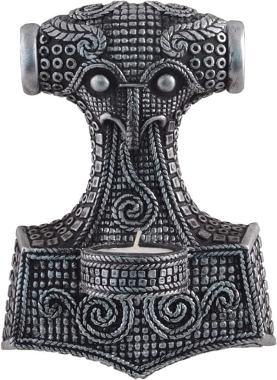 Theelichthouder Thor's Hamer - Mjölnir Muurdecoratie - Wandmontage Sfeer - Handbeschilderd Design - 15x10x20 cm - Zilverkleurig