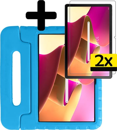 Hoes - Geschikt voor Lenovo Tab M10 Plus (3e / 3rd Generatie) - Met 2x Screenprotector - Kinderhoes Shockproof Bumper - Kidsproof Case - Tablet Hoesje - Kinder Cover - Blauw