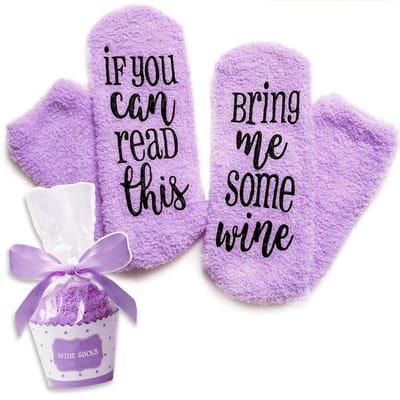 JAXY Wijn Sokken - Huissokken - Fluffy Sokken - Dikke Sokken - Bedsokken Dames en Heren - Huissokken Met Antislip Dames - Warme Sokken - Wijn Cadeau - Grappige Sokken - Grappige Cadeaus - One Size - Paars