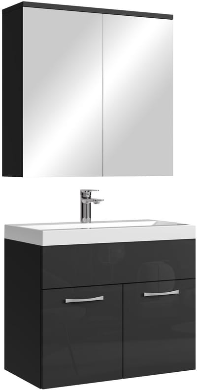 Badplaats Badkamermeubel Montreal 60 x 35 cm – Zwart Hoogglans – Wastafel met Onderkast en Spiegelkast