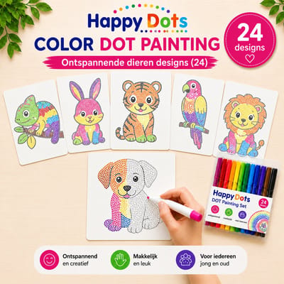 HappyDots Color DOT Painting set Kleurrijke dieren - 24 creatieve designs + stiften set