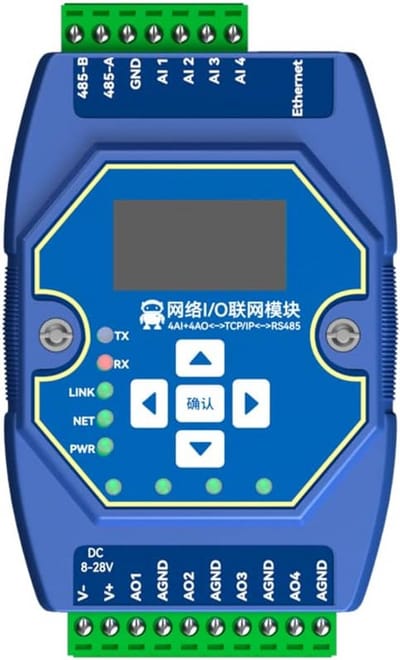 Industriële Modbus TCP/RTU I/O Module met 4 Analoge Ingangen en 4 Analoge Uitgangen