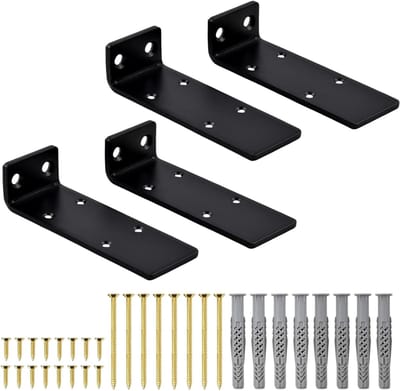 Robuuste wandplanken, set van 4, 15 cm, met metalen hoekplankhouders, wandmontage, 60 kg draagvermogen, inclusief schroeven en steigers