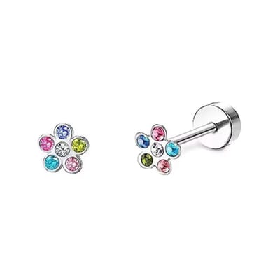 Oorknopjes-Oorsteker-schroef-kleurrijke-bloem-RVS-Zilverkleur-Charme Bijoux