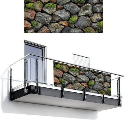 Balkonscherm 300x120 cm - Balkonposter Steenlook - Mos - Grijs - Groen - Balkon scherm decoratie - Balkonschermen - Balkondoek zonnescherm