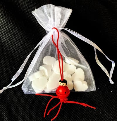 10 Organza zakje wit, rood gelukspoppetje lieveheersbeestje en 15 mini pepermuntjes - bedankje - traktatie - lieveheersbeestje - love - bug