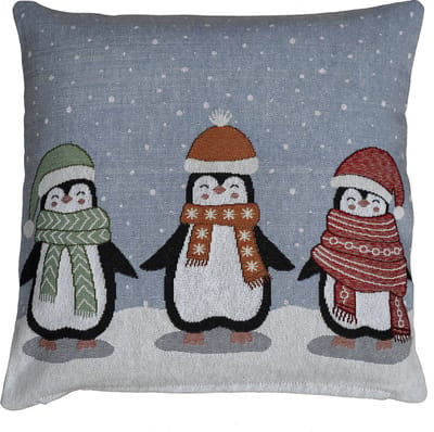 Kussenhoes - Gobelinstof - Kerst - 3 Pinquins met sjaal en muts op - 40 x 40 cm