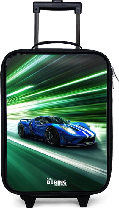 NoBoringSuitcases.com® - Kinderkoffer jongen - Kindertrolley meisje - Blauwe raceauto met strepen in groene tunnel - Koffer kind lichtgewicht - Reiskoffer trolley voor kinderen - Koffertje met lichtgevende wieltjes - Rolkoffer zwart