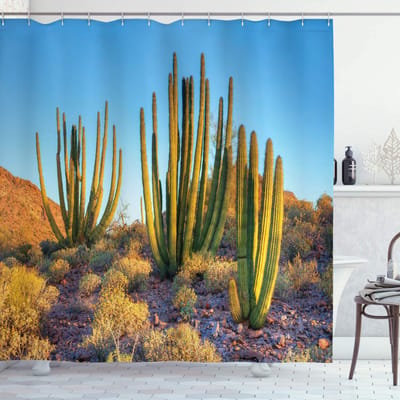 ABAKUHAUS douchegordijn – Bergcactus foto – Badkamerdecoratie 175x180 cm – hemelsblauw en groen