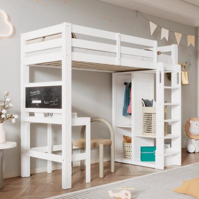 Hoogslaper 90x200 met Bureau en Kast - Kinderbed met Opbergruimte, Kledingkast, Schoolbord en Ladder - Wit
